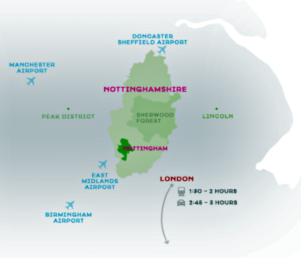 The location of Nottinghamshire and Nottingham, including nearby airports and other locations of note