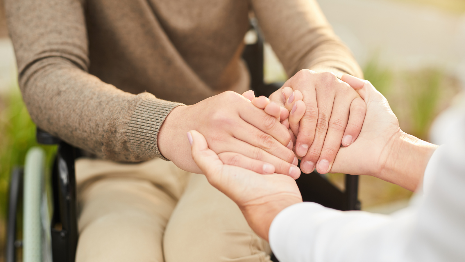 Wheelchair user hold hands with a person - Help for all sponsored workers in Adult Social Care