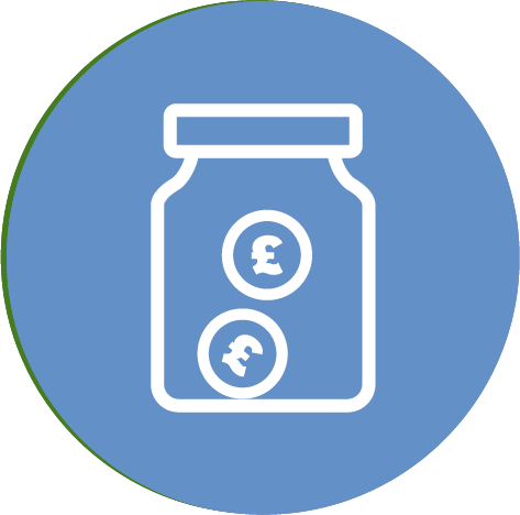Light blue circle with jar of money in the middle