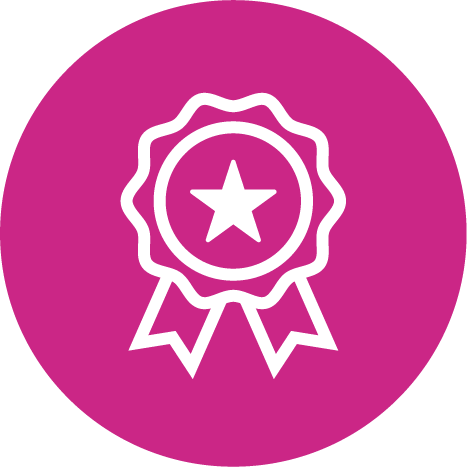 Pink circle with award symbol in the centre
