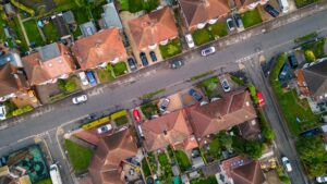 Aerial view of uk houses on street