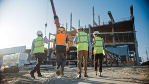 4 people in hi vis walking towards a building under construction with crane in background