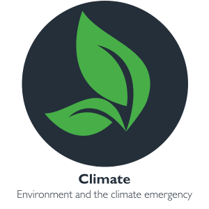 Grey icon with green leaf, climate written underneath
