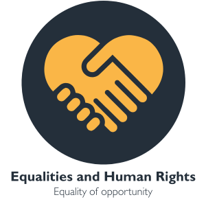 Grey icon with yellow hands in heartshape hand shaking, Equlalities and Human rights written underneath