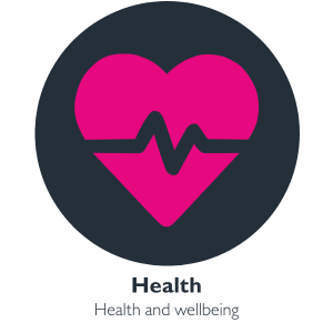 Grey icon with red heart rate with Health written underneath